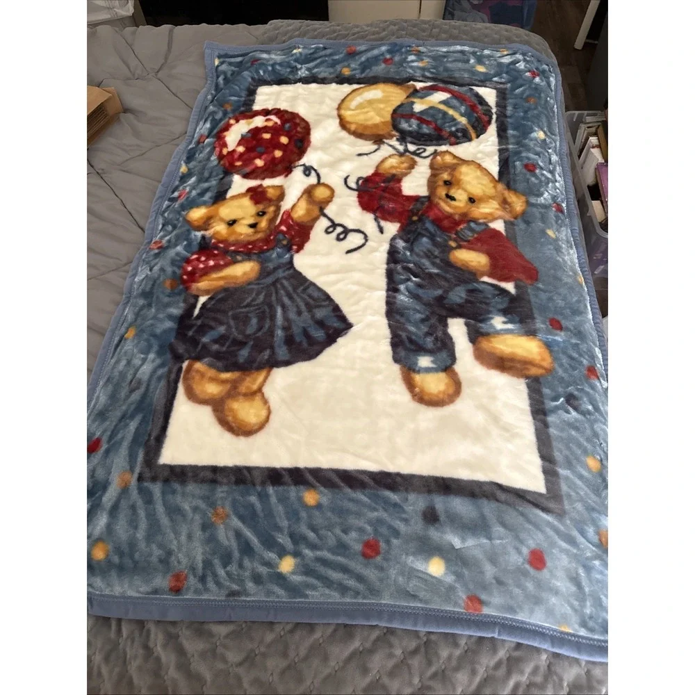 Blue Jean Teddy Bear Plush Fleece Baby Blanket Balloons Boy Girl 45X30 NIB